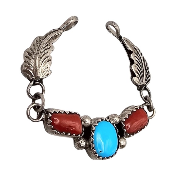 Vintage Navajo Coral Turquoise Sterling Leaf Pendant - Picture 2 of 4